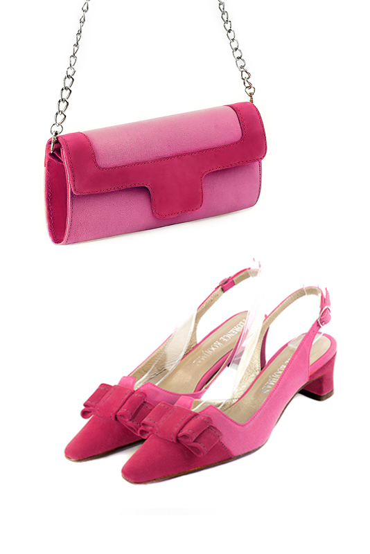 Women's hot pink and fuchsia pink luxurious elegant clutch for ceremonies, weddings and evenings out. - Worn view